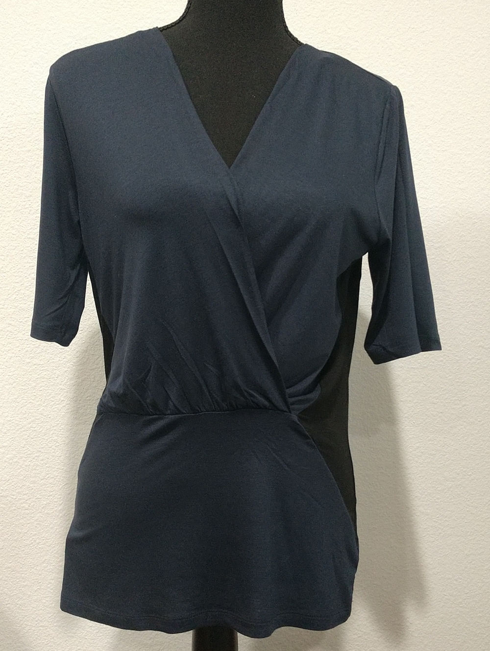 Ann Taylor Factory Navy Wrap-Front Side Color Block Short Sleeve Top